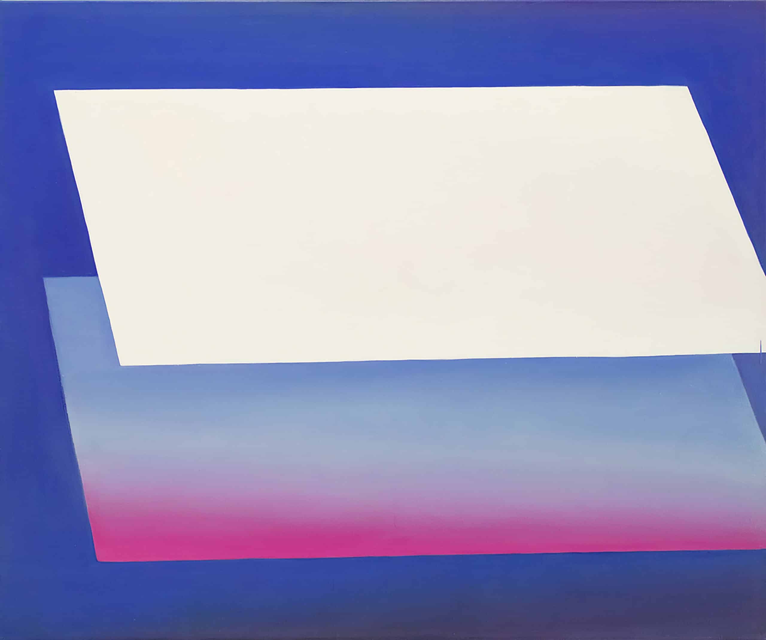 Painting of overlapping rhomboid shapes in white and blue fading into pink over a rich blue background. By Nam Duc Nguyen: A Second Horizon 180x150cm 2022