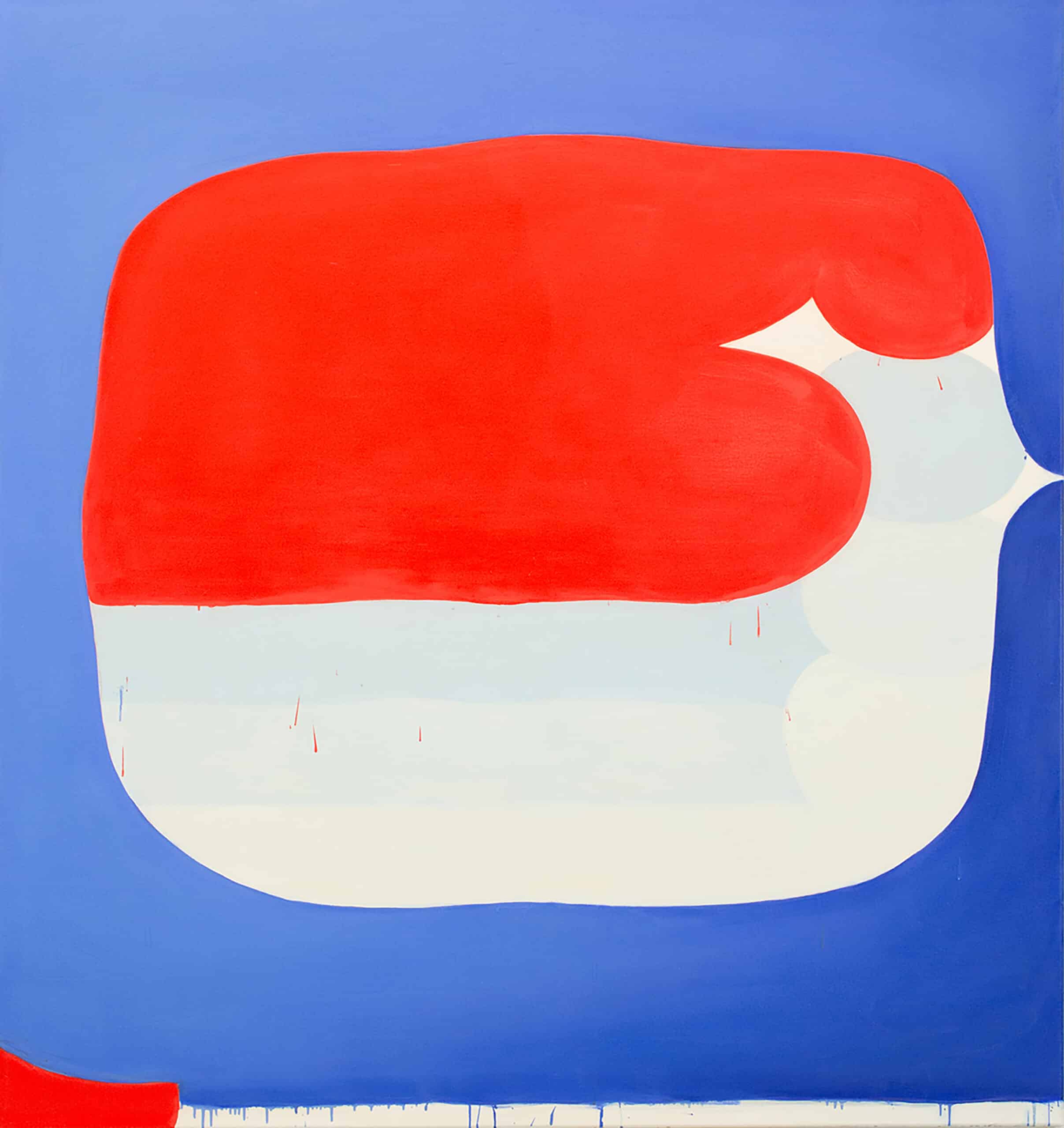 Painting of abstract shapes in bright red, pale blue, and white surrounded by a field of warm cornflower blue. By Nam Duc Nguyen: A Spoken Word 150cmx160cm