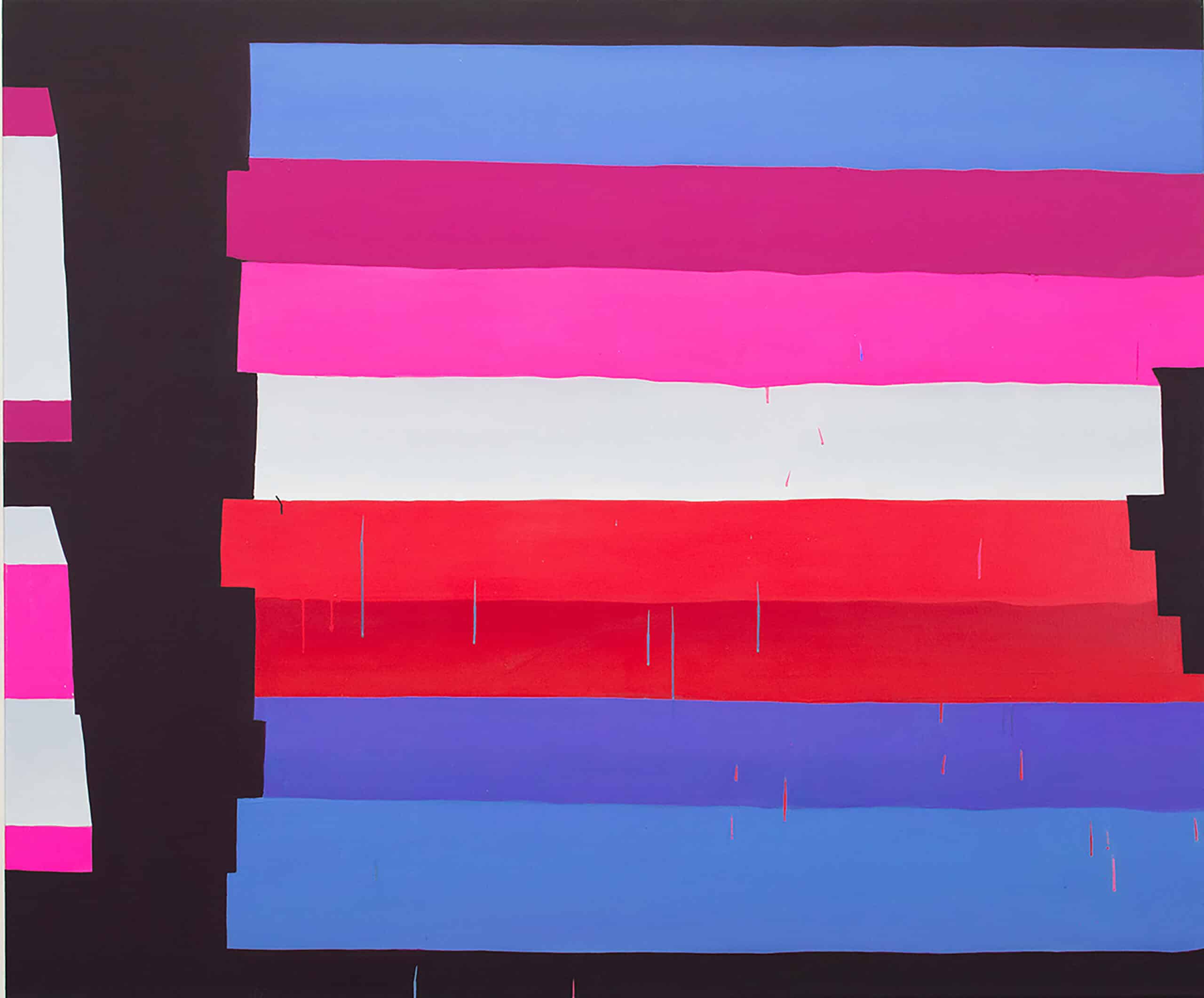 painting of horizontal lines of the colors blue, pink, white, and red in varying shades on a black background. By Nam Duc Nguyen: Band(s)Together 150cmx180cm