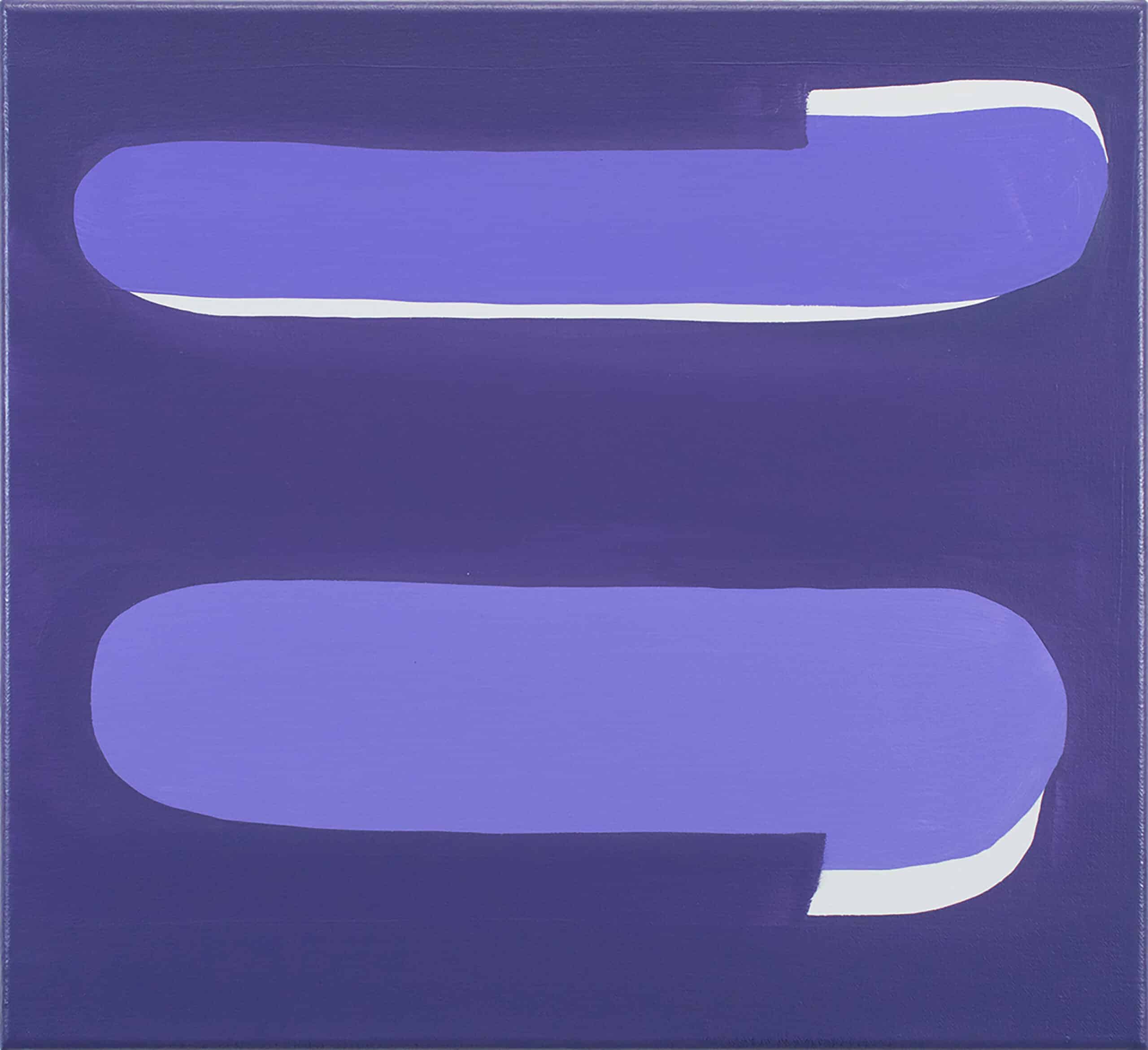 Painting of abstract long oval shapes in tones of cool dark and medium purple with slivers of white. By Nam Duc Nguyen: Double Suspicion 45x50cm 2020