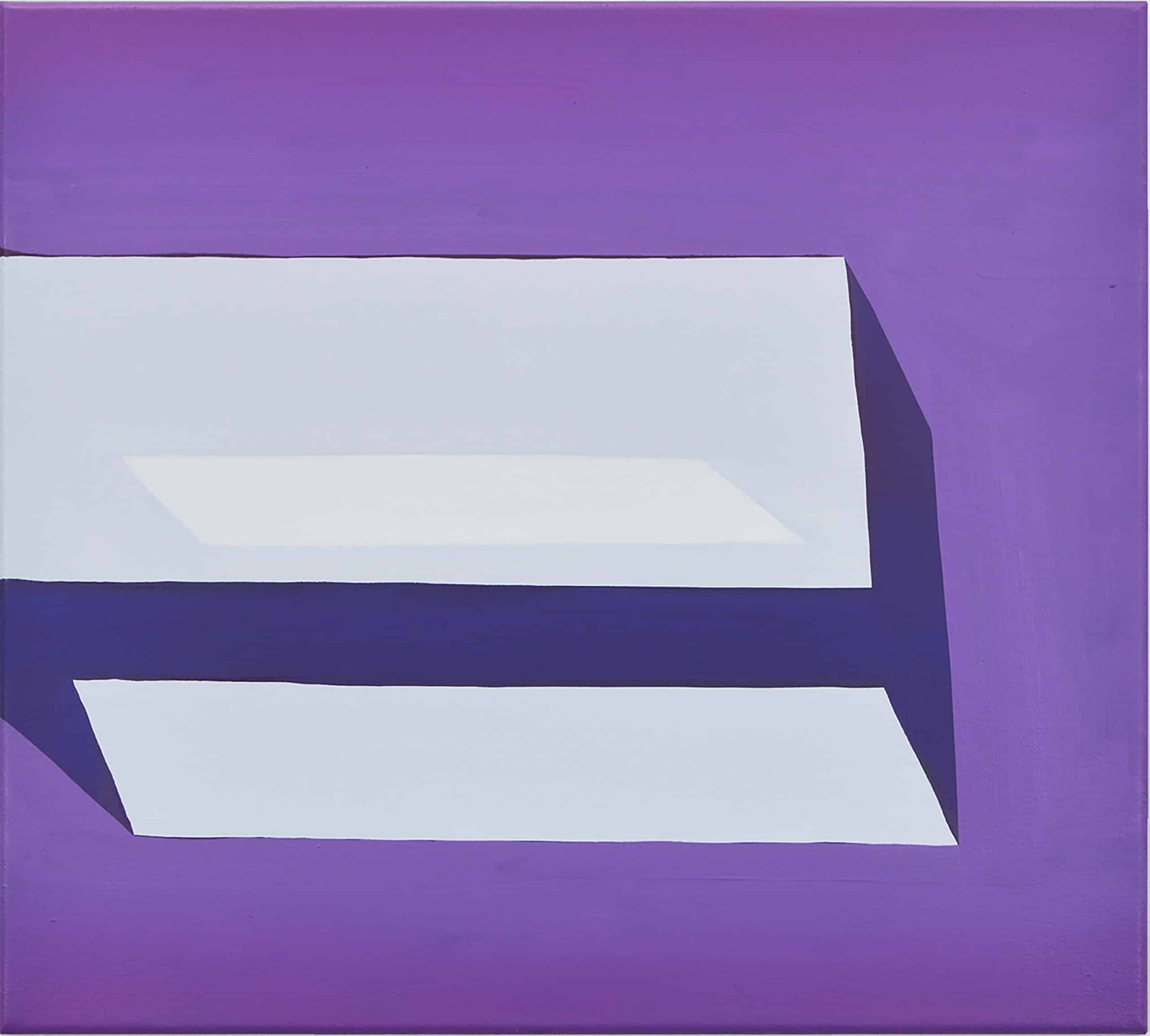 Painting of abstract rectangular shapes in tones of light and dark purple on a medium purple background. By Nam Duc Nguyen: A poets chamber 45x50 2019