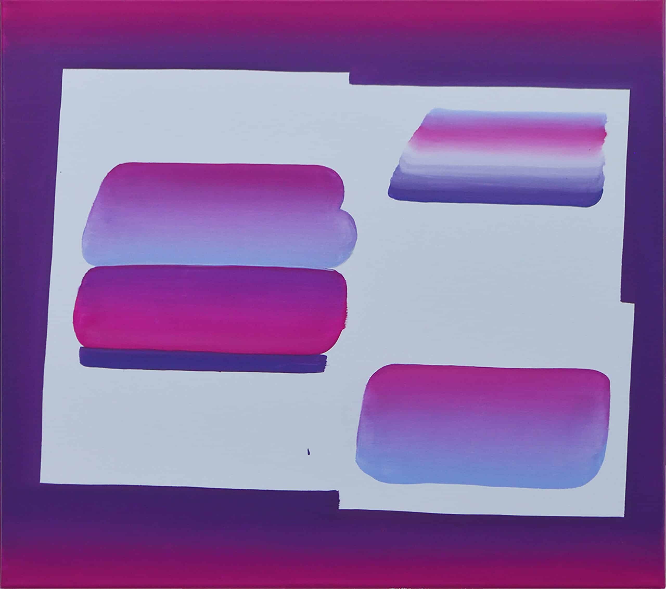 painting of abstract shapes in blended tones of purple, pink, and blue. By Nam Duc Nguyen: Begone Bungee 64x72 2020