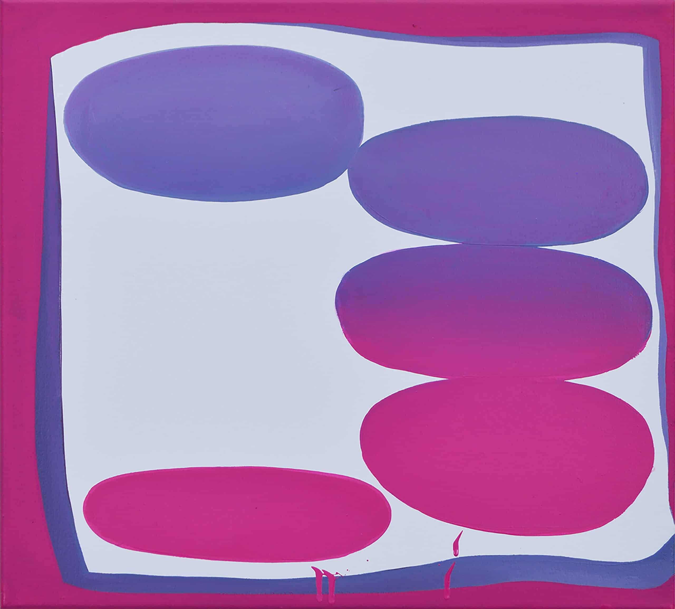 painting in shades of pink and purple with white space of square with curving lines, around ovals. By Nam Duc Nguyen: 30 Pocket Full of Change 45x50 2020