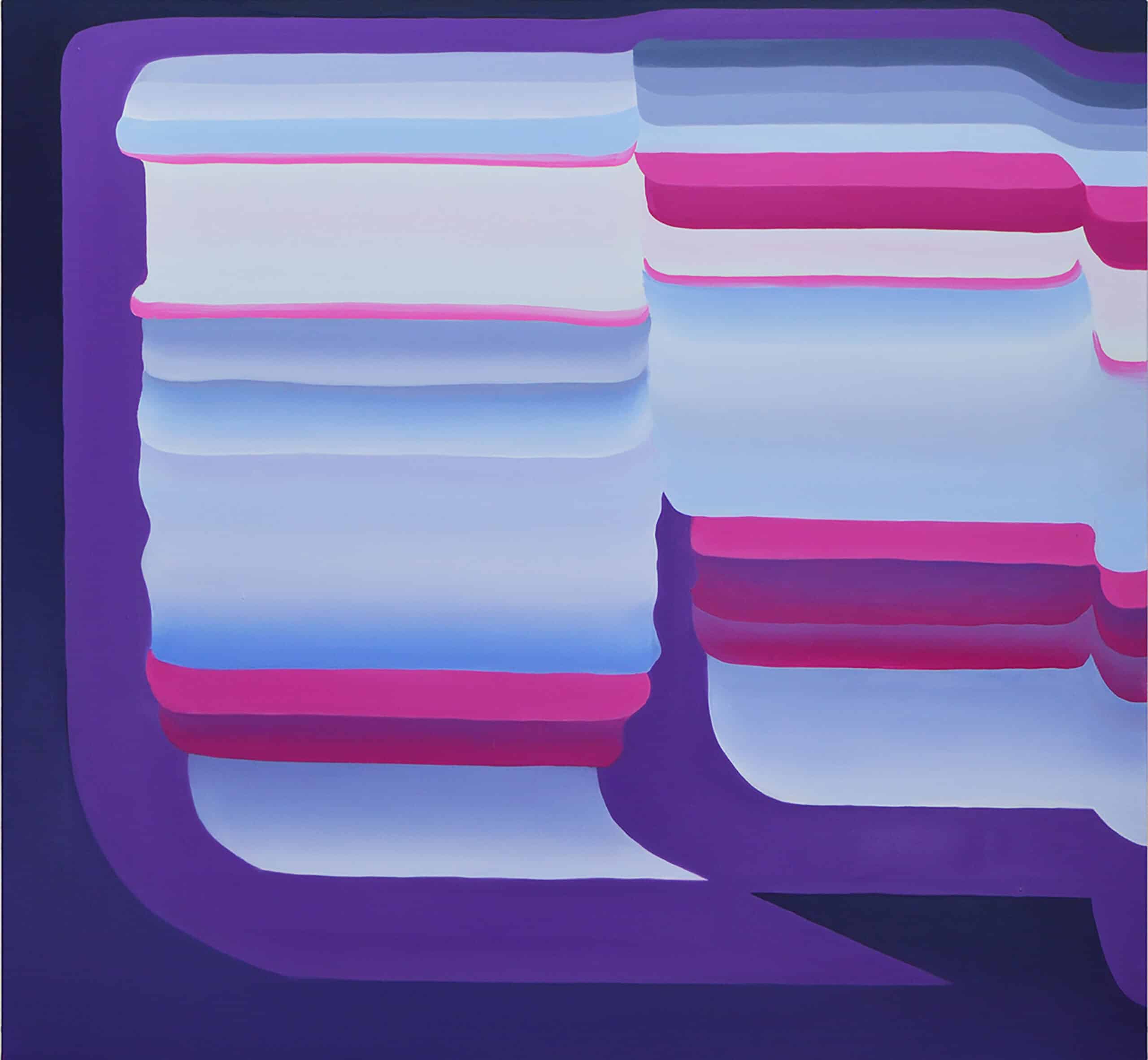 Painting of rounded lines of color making abstract shapes in tones of pink, blue, white, and purple. By Nam Duc Nguyen: BefuddleIdol 150x160 2020