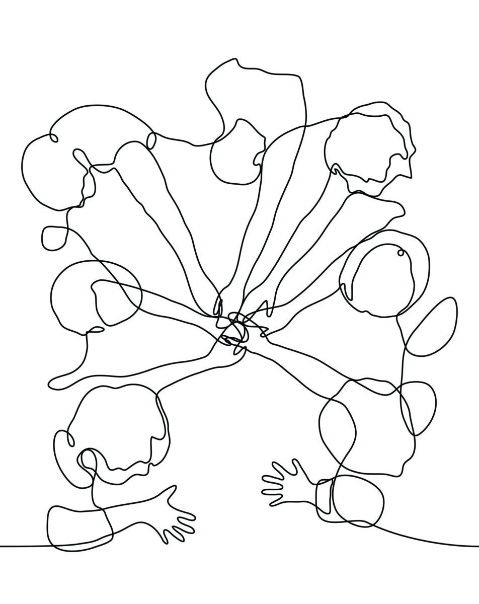 single connected Line drawing of 7 people in a circle with their hand reaching inward toward each other